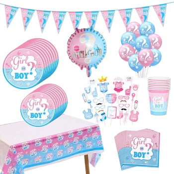 

Gender Reveal Party Decoration Boy or Girl Banner Disposable Tableware Baby Shower Confetti Balloons Photo Prop Party Supplies