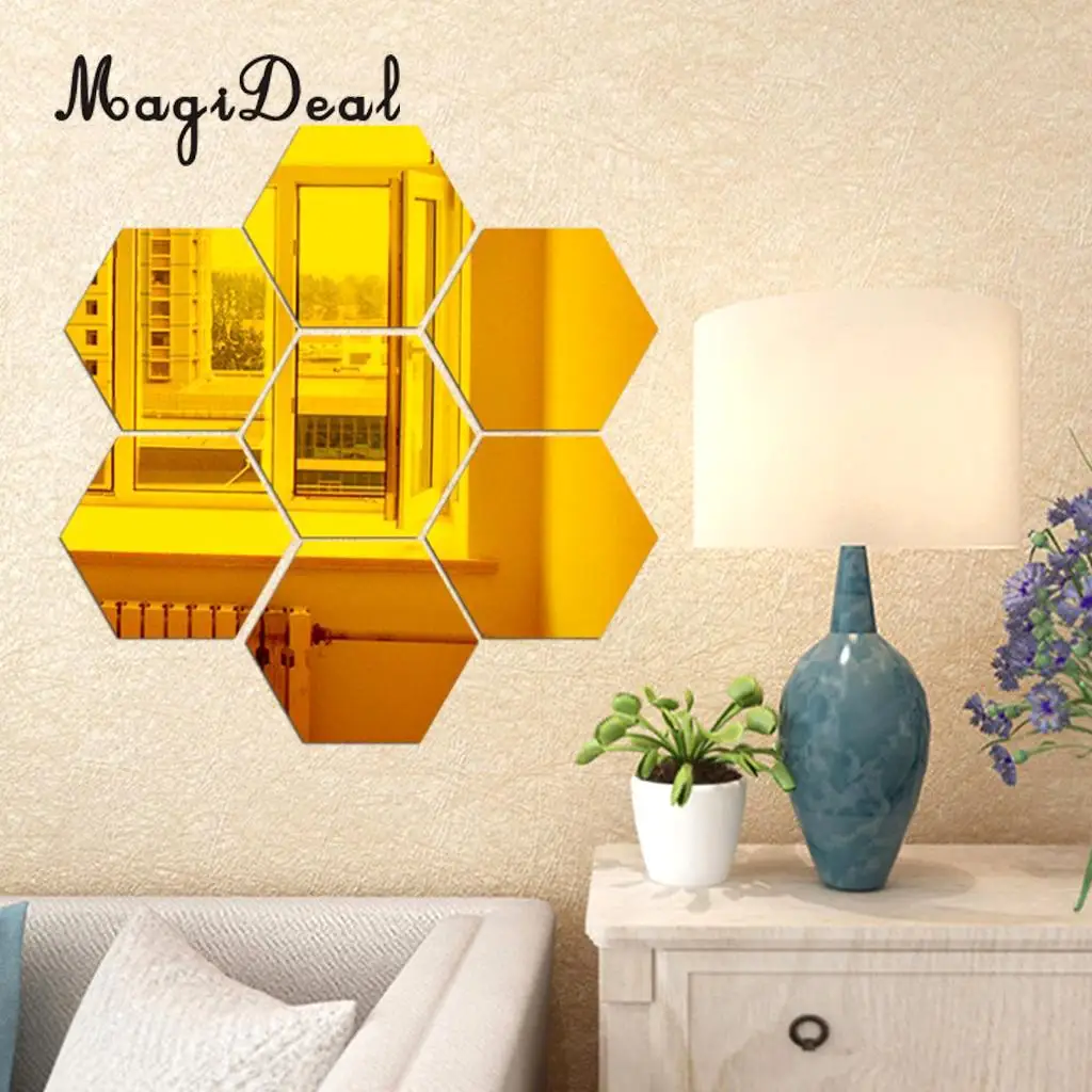 7Pcs 3D Mirror Surface Hexagon Vinyl Removable Sticky Wall Sticker Decal Coffee Cafe Bar Chic Decor Art Mural DIY