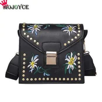 

Women Rivet Flower Embroideried Shoulder Bags Leather Flap Crossbody Bag