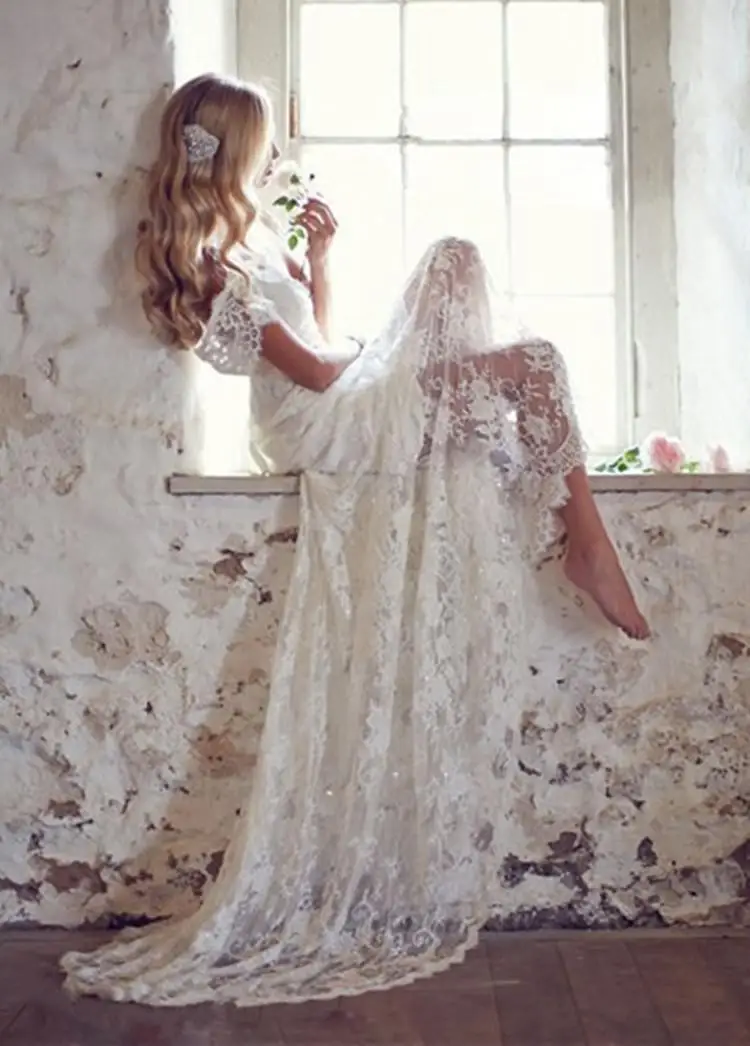 

MANSA 2015 Vintage Lace Wedding Dress With Cap Sleeves Bohemian Beach Wedding Gown Backless Long Bride Dresses Vestido De Noiva