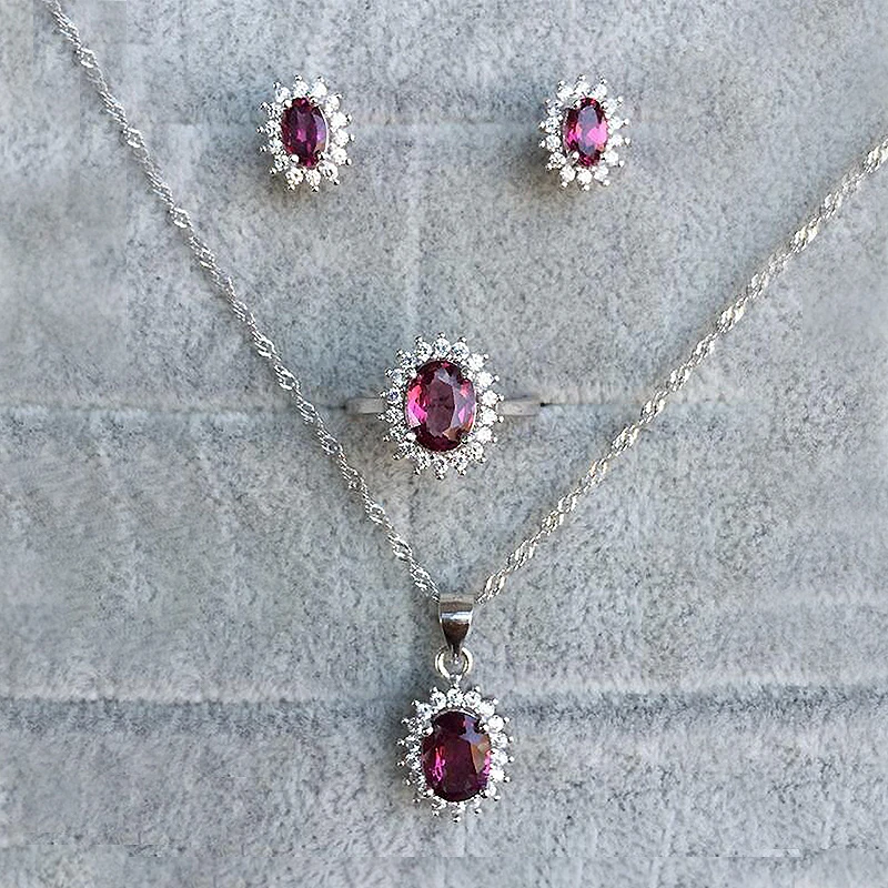 

Natural Gemstone Jewelry Garnet/Pyrope White Gold Color Women 925 Silver Jewelry Set Wedding Necklace/Earrings/Ring Sets YJS013