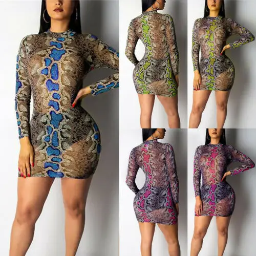 

Fashion Women Sexy Snake Mesh Sheer Bodycon Tight Evening Clubwear Party Mini See-Through Dress