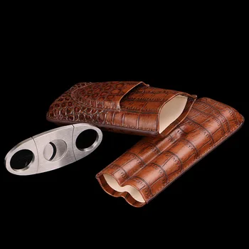 

COHIBA Alligator Pattern Leather Brown Hoder two Tube Cigar Case with Free Cigar cutter