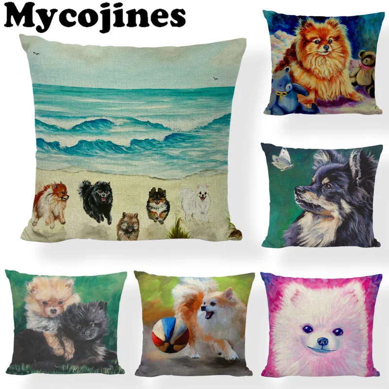 Pomeranian Cushion Cover Oil Painting Grass Stitching Butterfly Painted