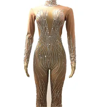 Glisten Gümüş Kristaller Tulum Seksi akşam partisi kıyafeti Tam Rhinestones Bodysuit Kostüm Balo Doğum Günü Kutlamak Kıyafet