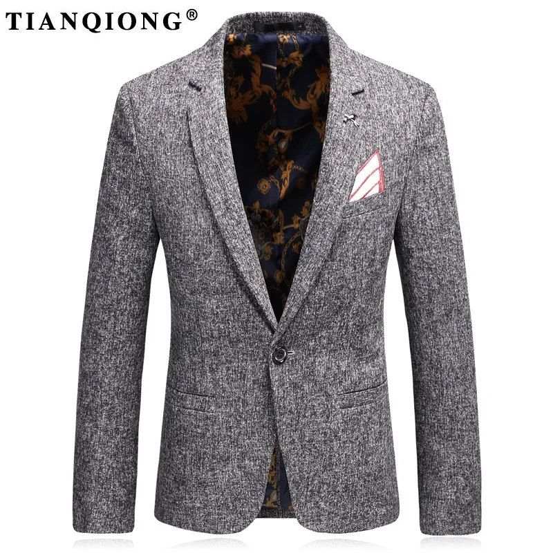 TIAN QIONG Cotton Linen Blazer Men Brand Clothing Slim Fit Wedding