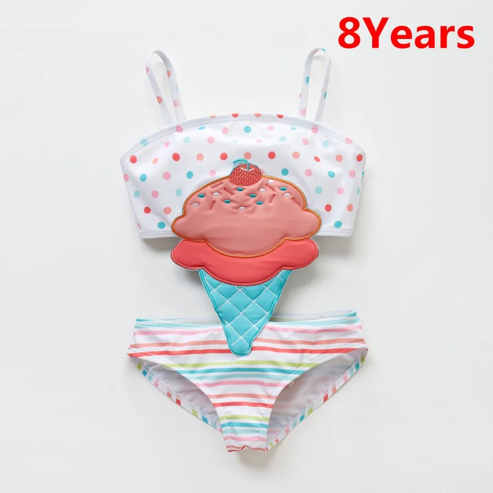 Kavkas/летний купальник для маленьких девочек с вышивкой в виде мороженого; цельный купальник в стиле пэчворк; пляжная одежда для девочек; купальный костюм для малышей - Цвет: 8 years