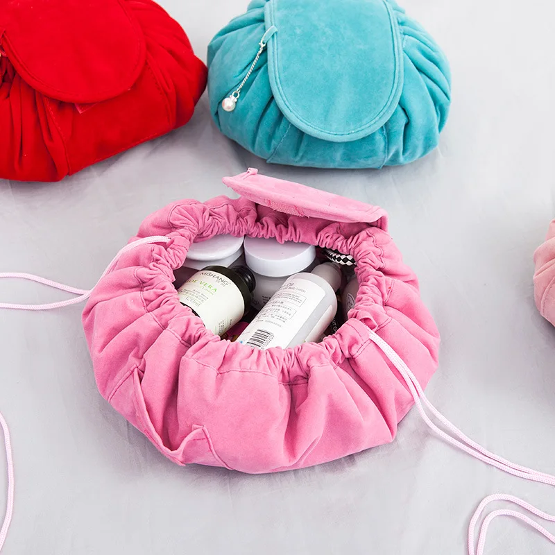 

Round New Plush Makeup Case Magic Drawstring Cosmetic Bag Female Travel Make Up Bag Organizer Storage Pouch Toiletry Wash Kit