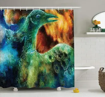 

Fantasy House Decor Shower Curtain Set, Mythical Legendary Phoenix Rebirth Long New Life from The Ashes Sun Exceptional Image