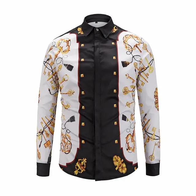 New Key Crown Shirt Men Fancy Dress Shirts Fashion Brand Luxury Gold