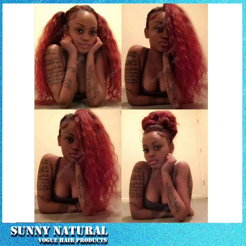 

Fashion Ombre Black Red Big Wave Synthetic Lace Front Wigs Glueless Long Natural Wave Heat Resistant Hair Wigs For Black Women