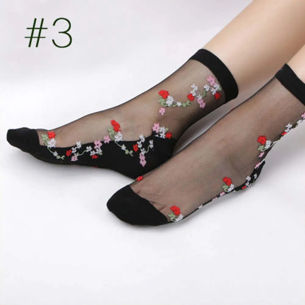 Для женщин Кристалл Кружева Стекло роза Шелковый цветок дамы короткие тонкие пикантные прозрачные носки - Цвет: 3