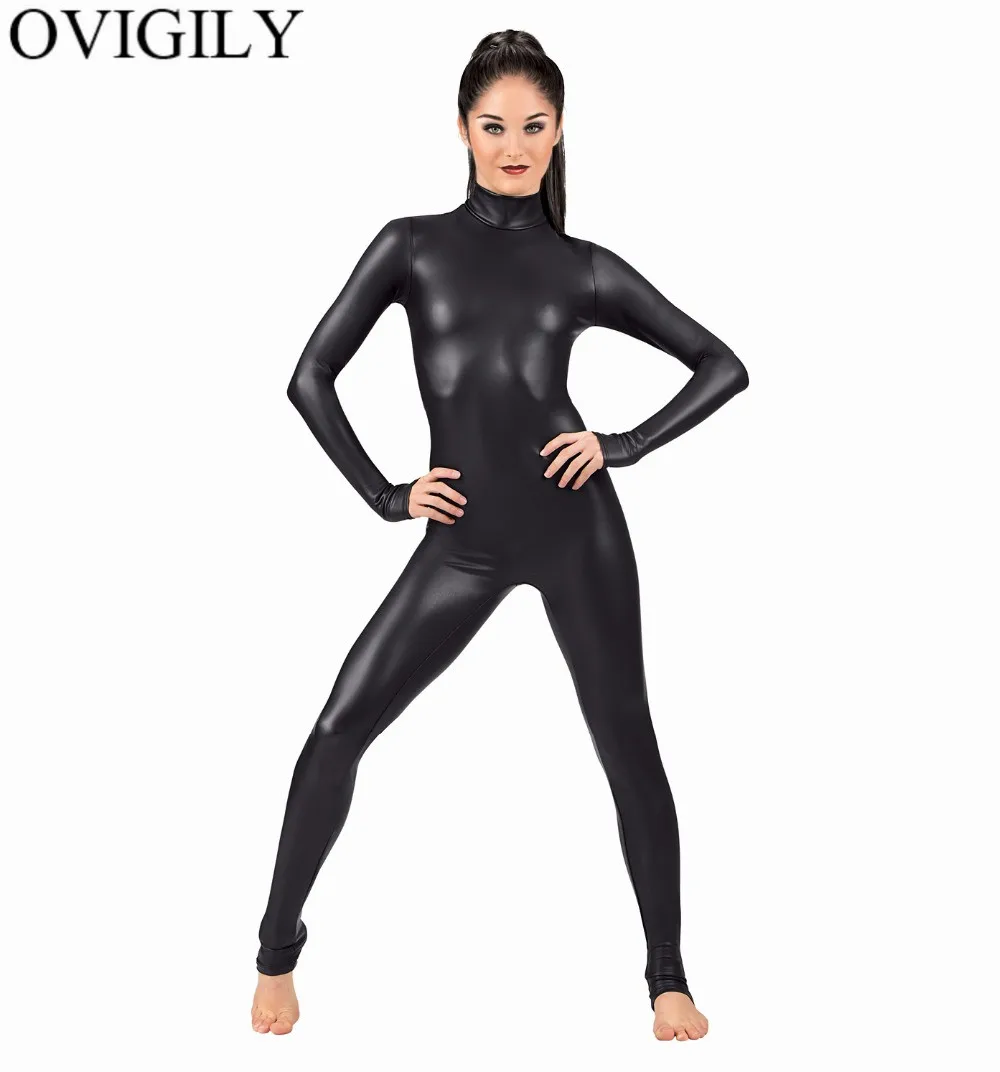 Cosplay Costume Adult Unitard OVIGILY Women's Full Body Suit Costume Spandex Dance Ballet Gymnastics Catsuit Adult Black Long Sleeve Shiny Metallic Unitard
