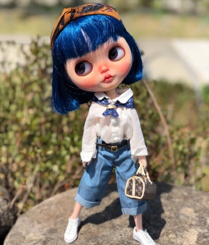 1 шт. белая рубашка синие ультра широкие брюки свободные для Blyth Azone s OB24 куклы