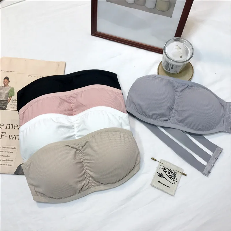 Girls Strapless Bra Women's Stretchy Padded Solid Wrap Tube Top Bandeau Short Tanks Tops With Pads For Female