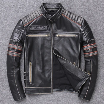 Мужская куртка из натуральной кожи с объемными черепами, мотоциклетная винтажная Толстая черная куртка из воловьей кожи, Мужская брендовая дизайнерская Высококачественная куртка - Цвет: Black B