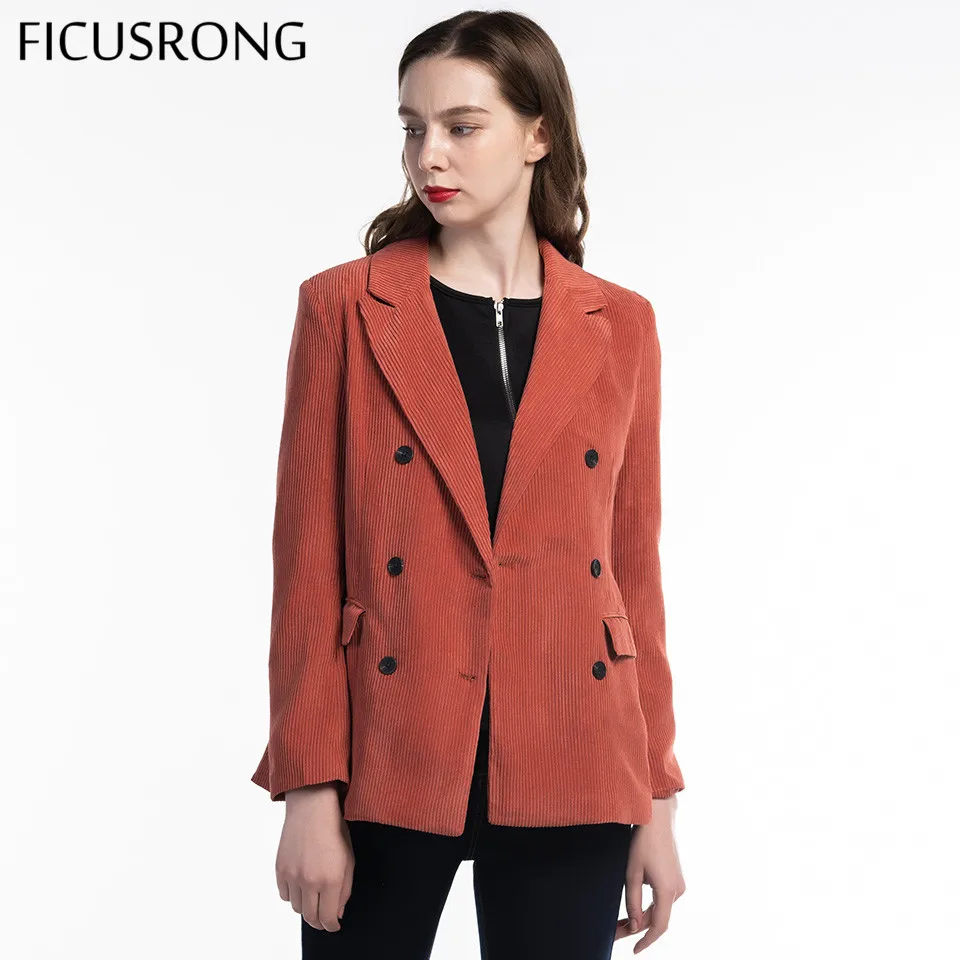 FICUSRONG New Autumn Women V Neck Slim Corduroy Blazer Coat Office Lady Fashion Coral Red Double Breasted Pocket Button Outwear