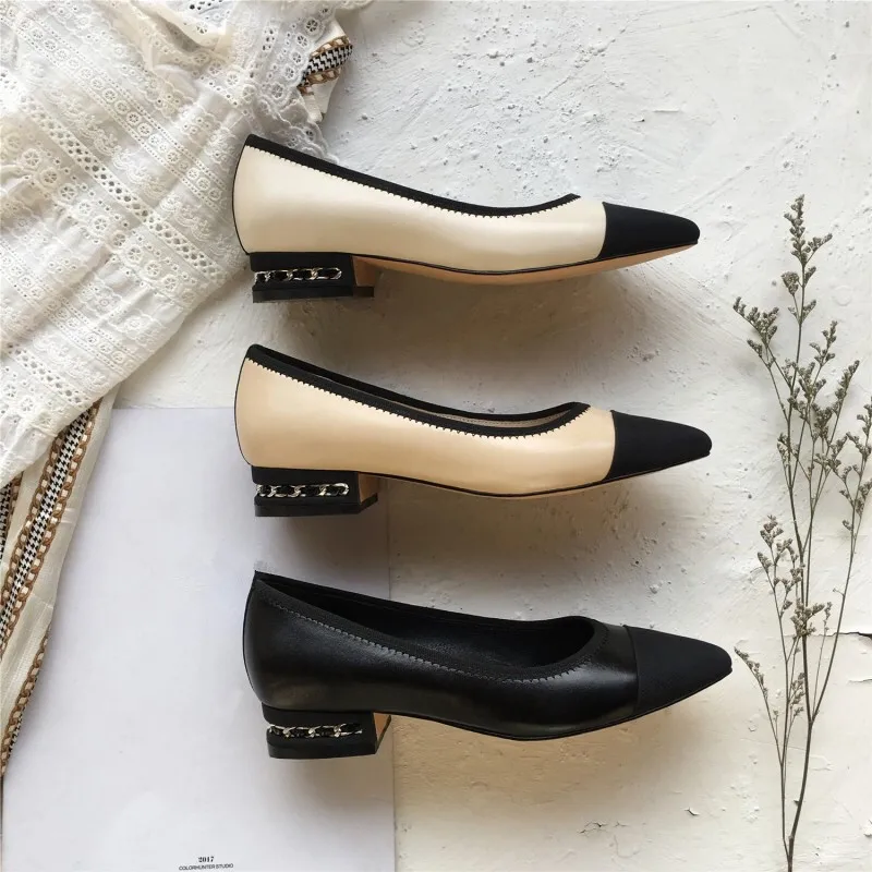 

2019 woman ladies chain low heel sheepskin genuine leather shoes pumps