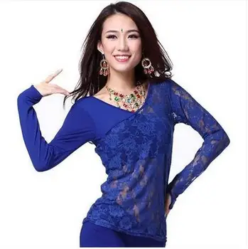

New arrival crystal cotton and lace belly dance top momen vest+lace long sleeves 2pcs belly dance tops sexy top 9 colors