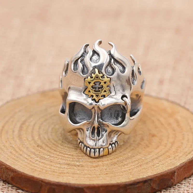 

Fire Skull Solid Silver 925 Wide Mens Ring 100% Sterling Silver 925 Men Jewelry Cool Gothic Skull Ring Antique Thai Silver Gifts