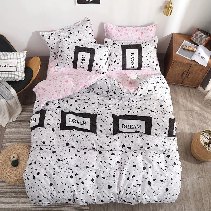 Pink Double Bed Winter Thickening Letter Dream Duvet Cover+ Bed Flat Sheet+ Pillow Case Twin Full Queen King size