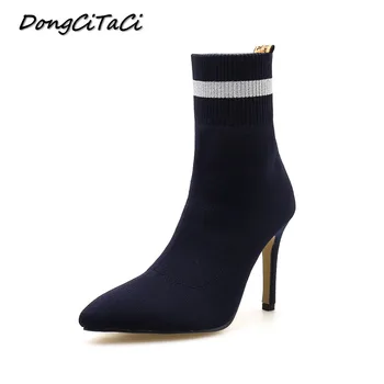 

DongCiTaCi Autumn Women Knitting Wool Ankle Boots Shoes Women High Heel Pumps Party Wedding Dress Star Knight Short Bootie