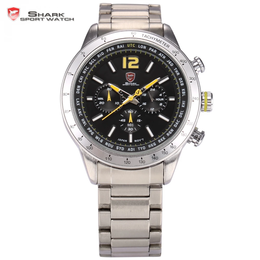 

Shark Sport Watch Brand New 24 Hours Dual Time Display Luminous Black Yellow Steel Band Relogio Men Quartz Military Clock/ SH317