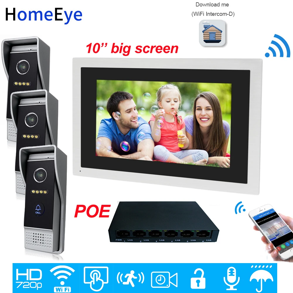720P HD WiFi IP Video Door Phone Video Intercom 3 Doors 10''Touch Screen POE Home Access Control System Mobile App Remote Unlock 720P HD WiFi IP Video Door Phone Video Intercom 3 Doors 10''Touch Screen POE Home Access Control System Mobile App Remote Unlock
