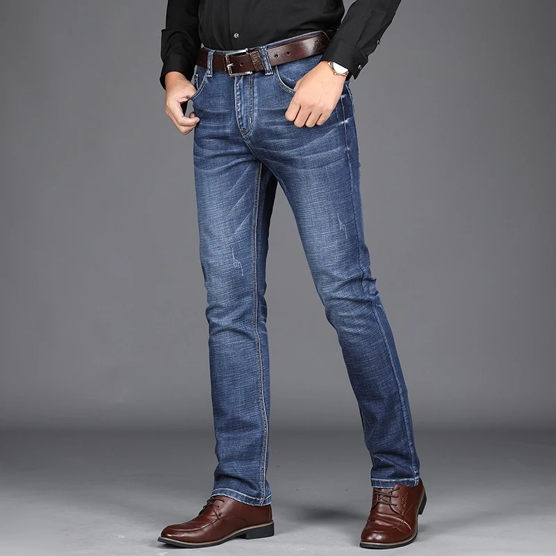 Высокое качество 2018 Новый Бизнес джентльмен стрейч Для мужчин джинсы Мода Средний прямые однотонные джинсовые штаны Большой Размеры 29-38 40