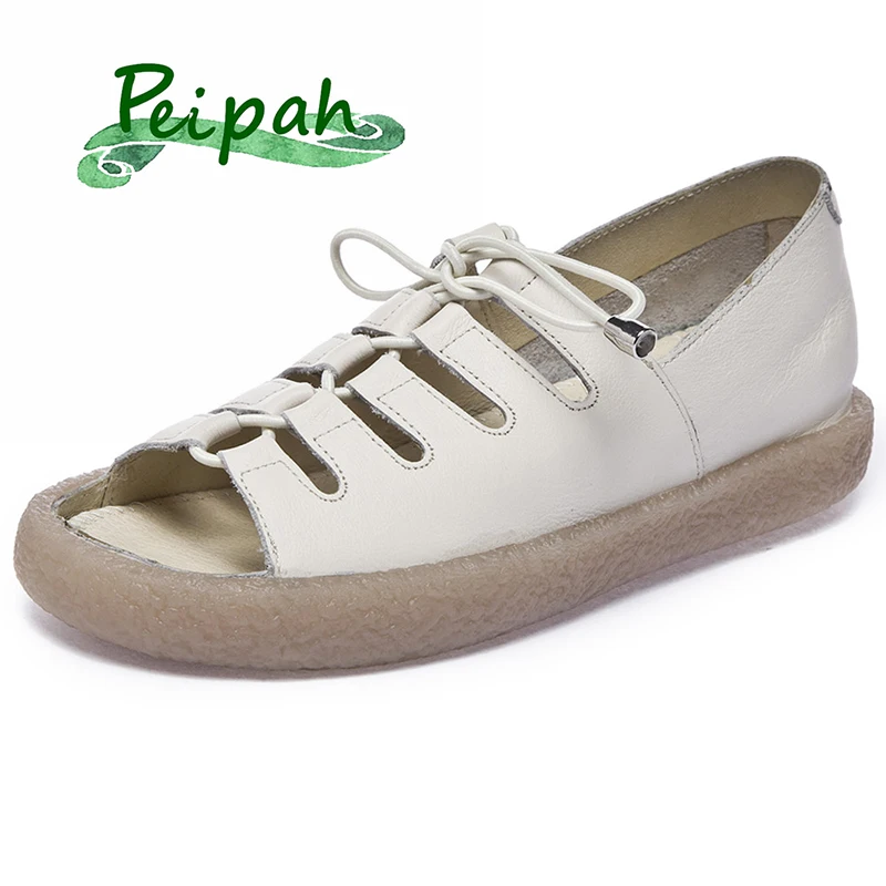 

PEIPAH Genuine Leather Women Sandals 2019 Summer New Cross Straps Roman Sandals Fish Mouth Shoes Bohemian Retro Zapatos De Mujer