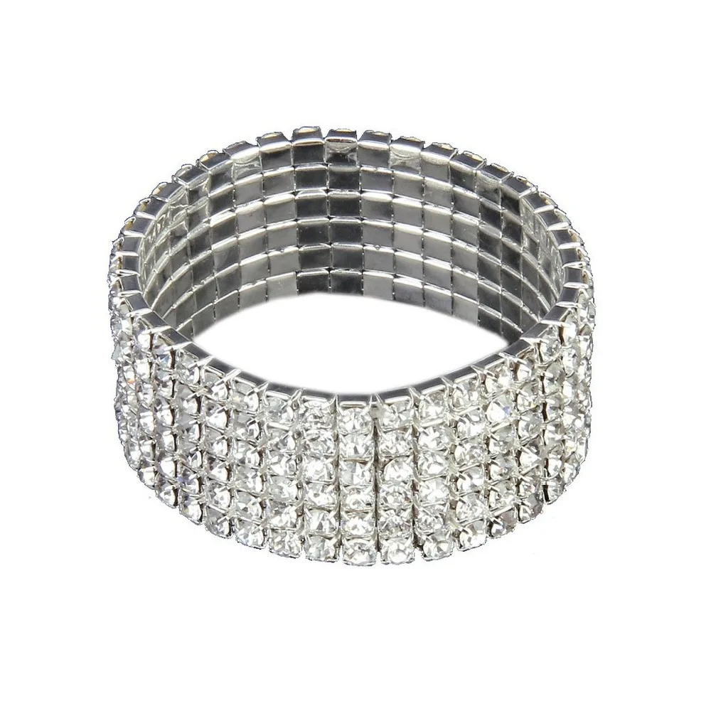 Fashion Wedding Bridal wide bracelet Clear Rhinestone 6Rows Stretch