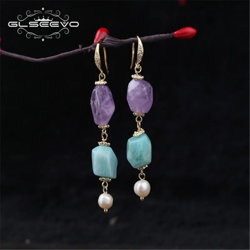 

GLSEEVO Natural Fresh Water Pearl Purple Blue Crystal Drop Earrings Women Handmade Wedding Earrings Fine Jewlery Brincos GE0389