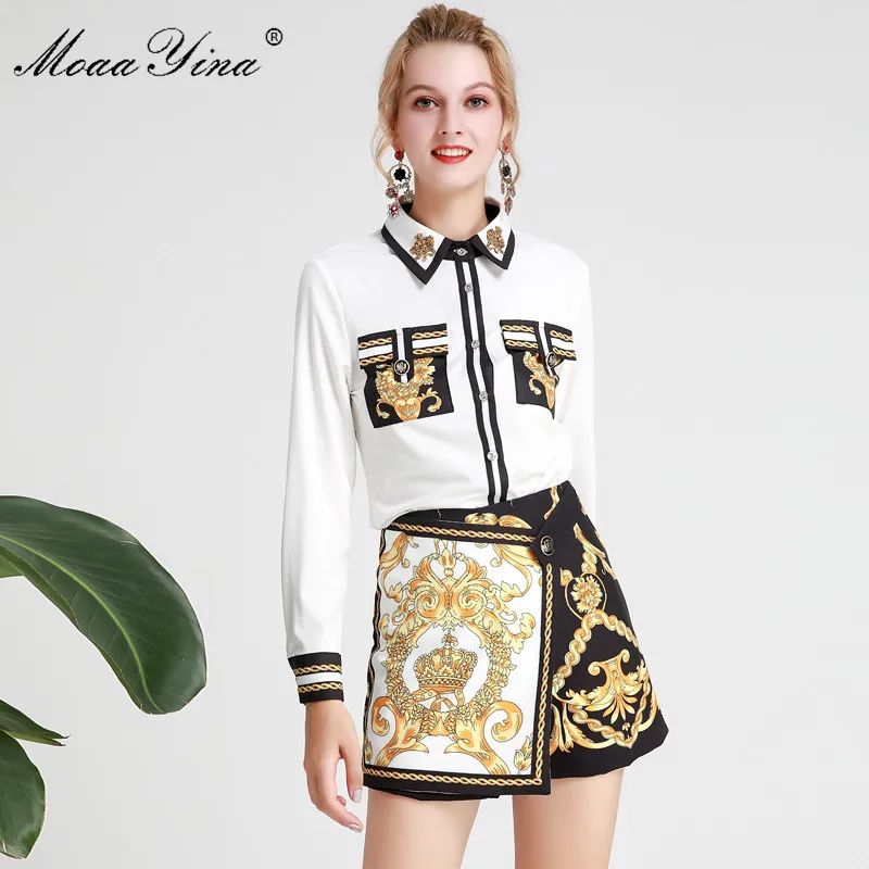 

MoaaYina Fashion Designer Set Spring Summer Women Long sleeve Beading Crystal Shirt Tops+Asymmetrical Shorts Two-piece suit