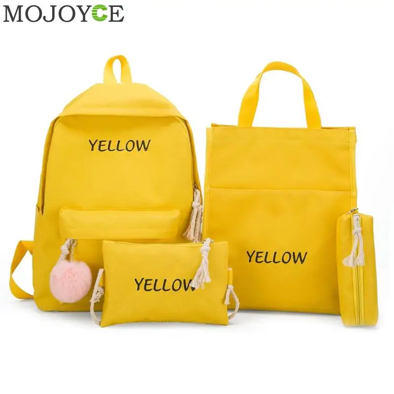 4 шт./компл. Для женщин рюкзаки комплект из плотной ткани с буквенным принтом подростковые школьные рюкзаки Повседневное Стиль Для женщин рюкзак Ручка Сумки sac a dos femme - Color: Yellow