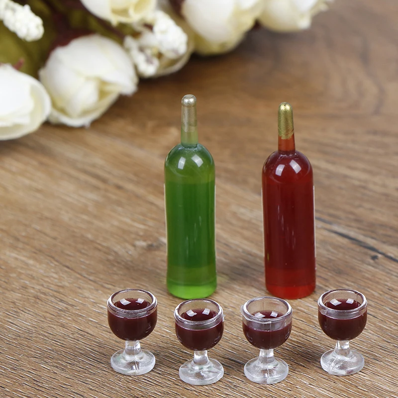 6Pcs/Set Dollhouse Miniature Wine Bottle with four wine glass Model