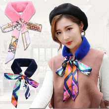 New Faux Fur Scarf for Women Rex Rabbit Hair Ring Scarf Women Print Soft Warm Neck Autumn Winter Bow Tie Silk Scarves Fashion