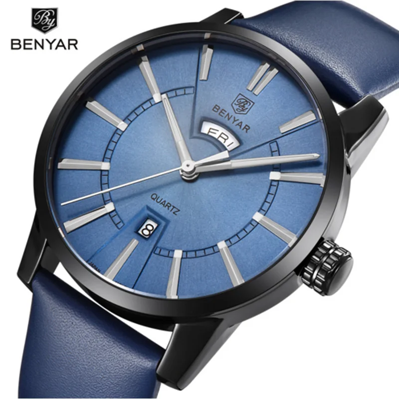 

BENYAR Luxury Brand Analog Display Date Men's Quartz Watch Waterproof Genuine Leather Strap Casual Watch Relogio Masculino Saat