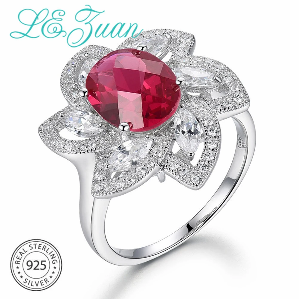 L&ampzuan 100% 925 Sterling Silver Ring 5.82ct Red Stone Checkerboard Gems Cluster Flower Rings For Women Ruby Fine Jewelry | Украшения и