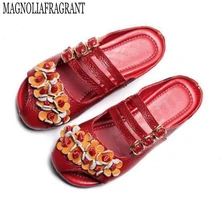 Г., летняя женская обувь босоножки на плоской платформе удобные женские шлепанцы ручной работы из натуральной кожи с закрытым носком и цветочным узором, k65