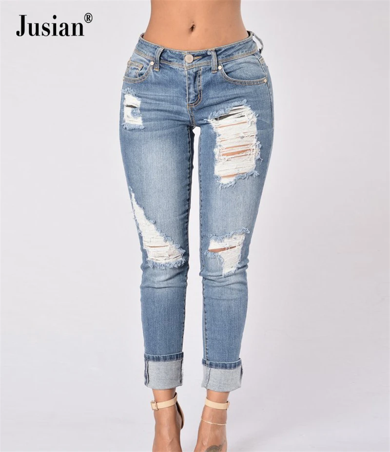 

Jusian Women's Hole Jeans Retro Full Length Jeans Button Pencil Pants Blue White F0978