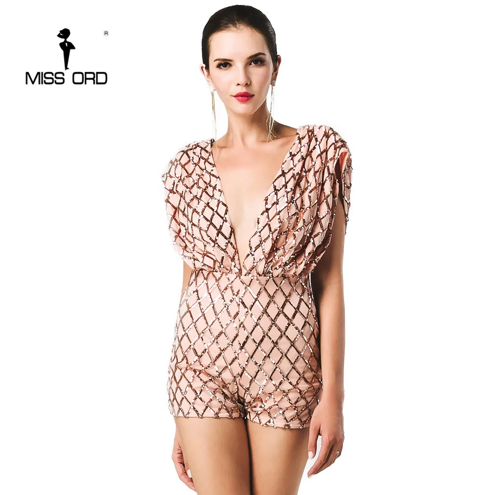 Missord 2019 Sexy Deep-V front and back Sleeveless grid sequin playsuit FT4639