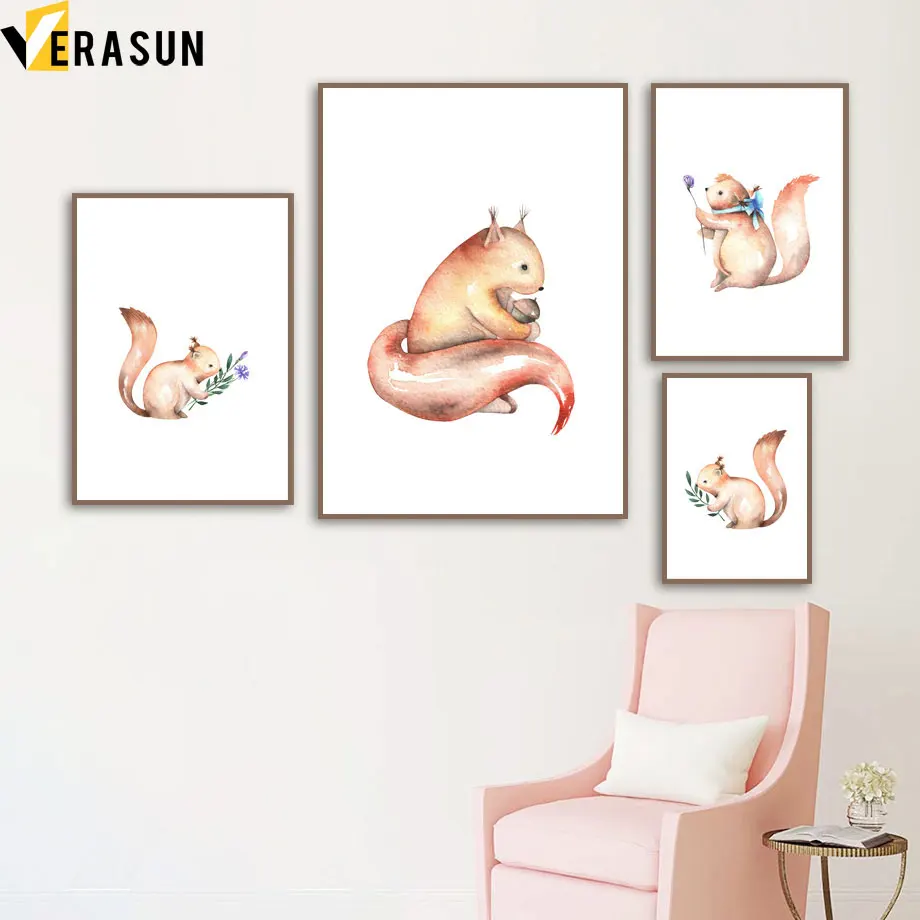 

Watercolor Squirrels Acorn Flower Minimalist Nordic Posters And Prints Wall Art Canvas Painting Wall Pictures Kids Room Decor