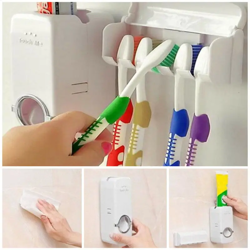 

2018 Hot Selling White Automatic Toothpaste Dispenser + 5 Toothbrush Holder Set Wall Mount Stand