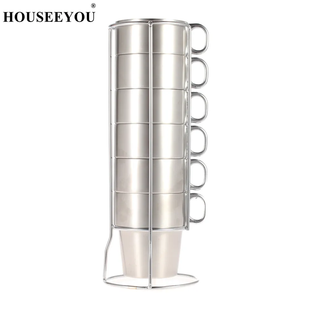 

HOUSEEYOU 7pcs/set Double-Layer Stainless Steel Coffee Tea Cup Set Thick Drink Mugs with Storage Shelf Drinking Beer Coffee Tea
