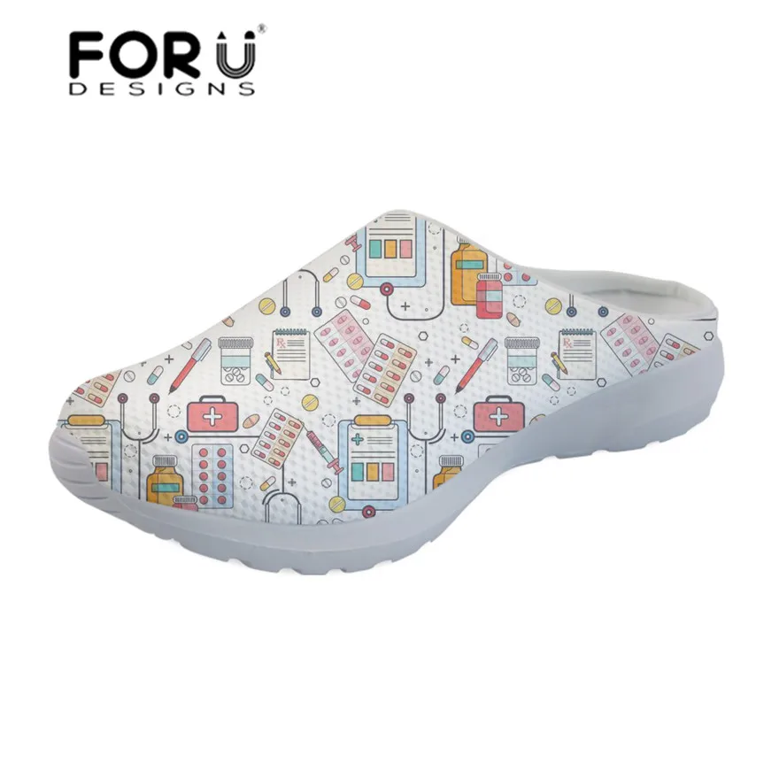 

FORUDESIGNS Beach Sandals Women Medical Dentist Printing Summer Slippers Ladies Slip-on Mesh Sandals for Females Nursing Shoes