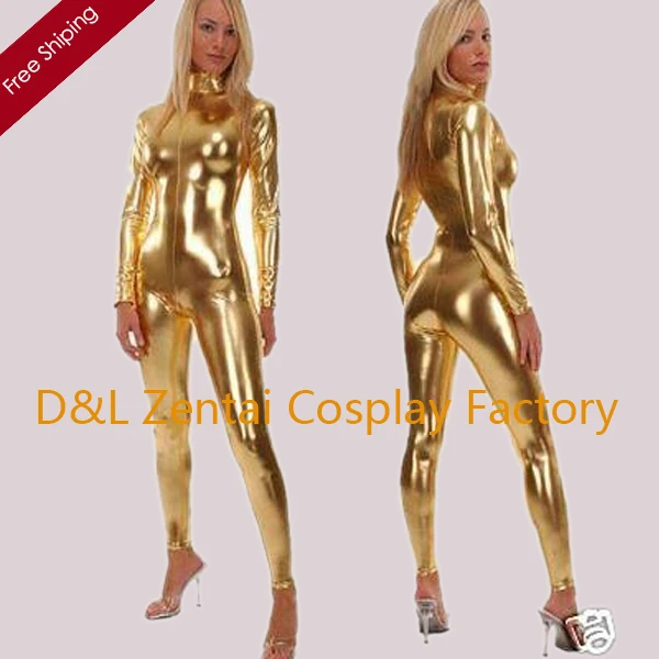 DHL, костюм на Хэллоуин сексуальный Золотой блестящий металлический спандекс, зентай, костюмы, фантазия, карнавальный костюм, передняя молния