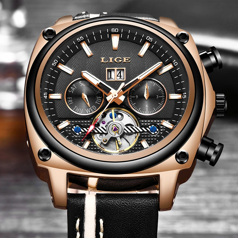 LIGE Мужские часы механические Tourbillon Роскошные модные брендовые кожаные мужские