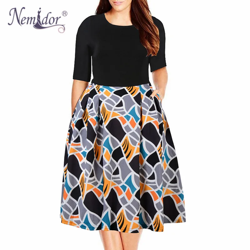 Prix Nemidor 2018 Femmes Vintage O cou Demi Manches Imprimer A ligne Robe Plus Taille 7XL 8XL 9XL Parti Swing Casual Robe Avec poches