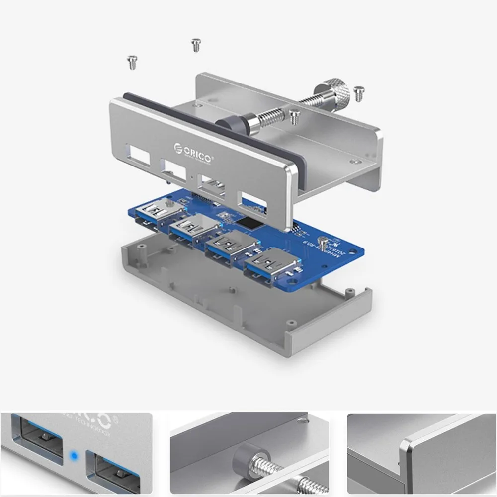 Orico Clip Design 4 Ports USB 3.0 HUB Aluminum Alloy Clip-type Portable Size Travel Charger Charging Hub Station for Laptop