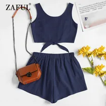 ZAFUL Beach Two-Piece Suits Button Up Crop Top and Shorts Set Pleated Solid Tie Waist Romper High Waist Sleeveless Swimming Suit